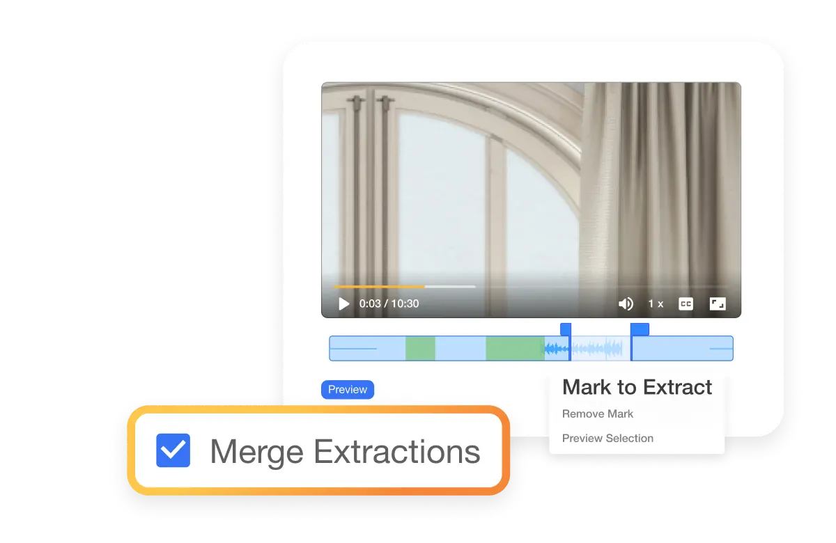 Visla's AI-powered quick extract feature for video editing, showing an interface to merge extractions and condense video content efficiently.